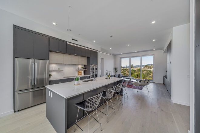 gray kitchen with large island