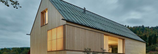 A close-up of the home's wood facade.