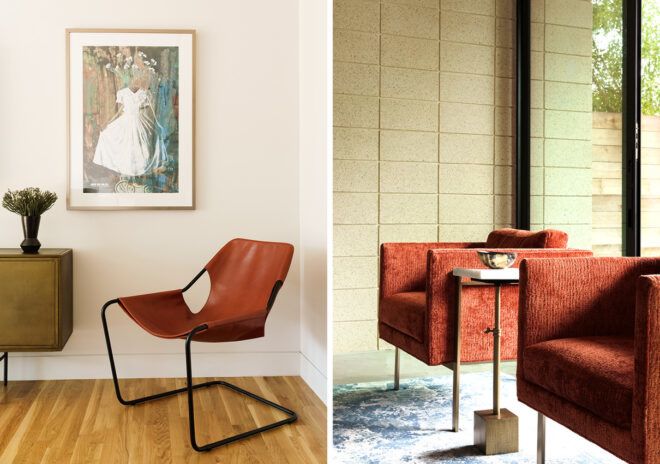 dark orange chairs near beige wall