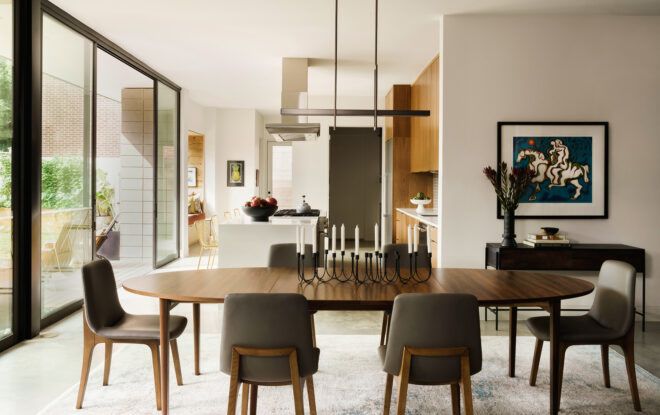 dark wood dining table with gray chairs