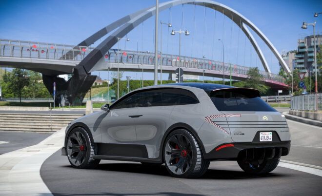 rendering of light gray electric vehicle