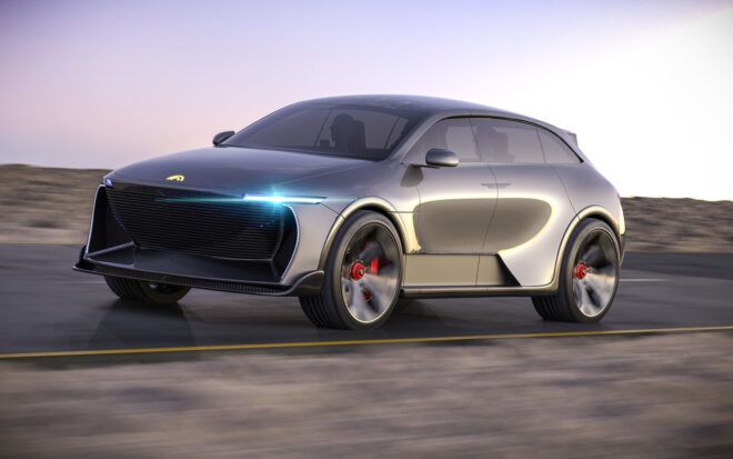 rendering of gray electric SUV with LED headlights