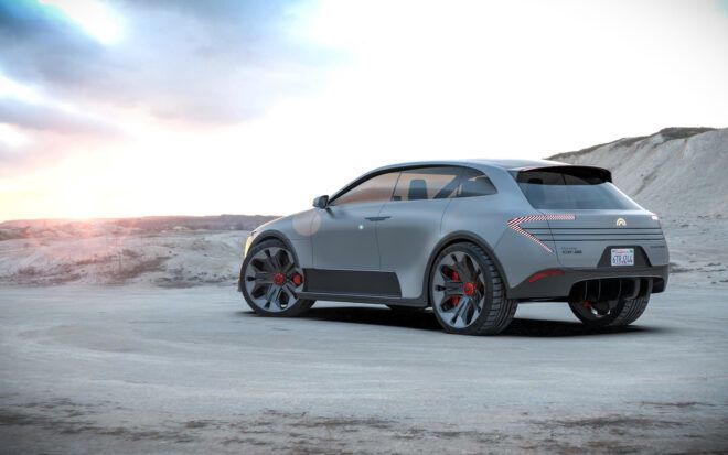 rendering of light gray electric car parked near mountain