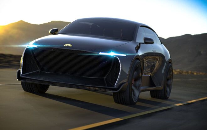 rendering of dark gray solar-powered car driving down road