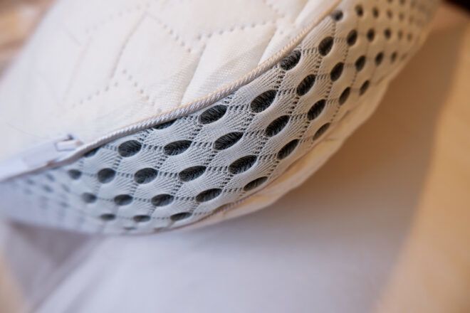 close-up of open-weave on sides of pillow