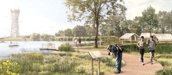 rendering of people on running path in a park