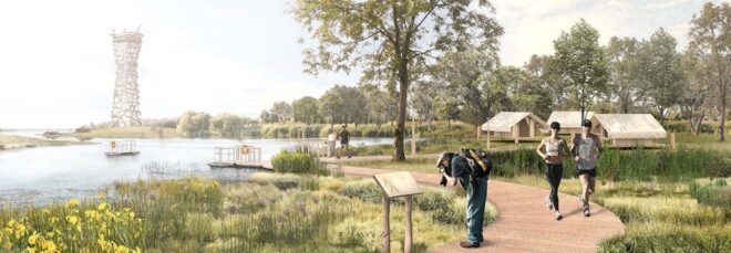 rendering of people on running path in a park