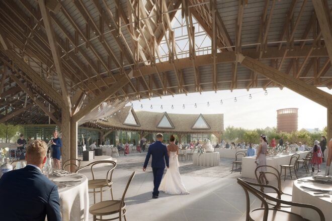 rendering of wedding under wood-covered, open-air pavilion