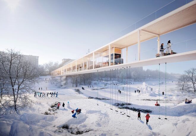 rendering of elevated metro station above snowy park