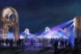 rendering of round wood observation towers emitting purple and blue lights