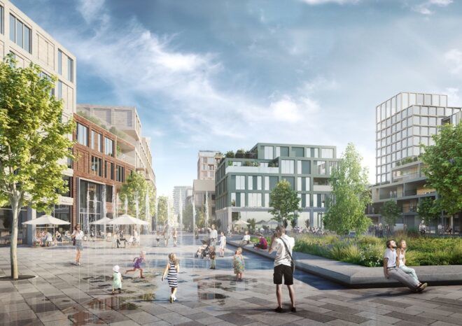 rendering of kids playing in fountain in city square