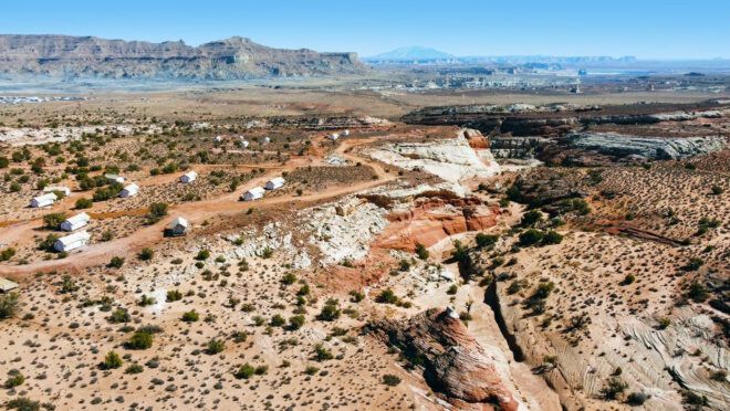 aerial view of glamping tents in Utah's Grand Staircase-Escalante