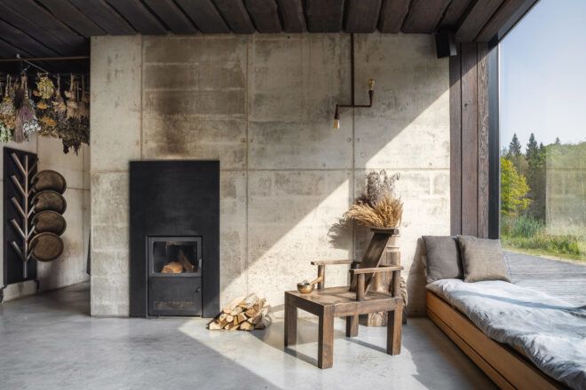 wood chair near black fireplace