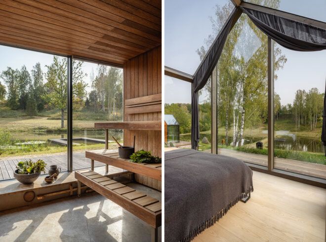 On the left, wood sauna room. On the right, bed in gabled cabin with glass walls and ceiling