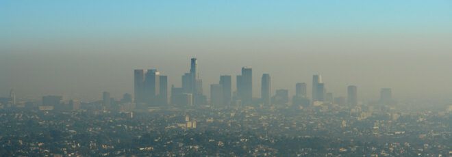Smog covering a cityscape of Los Angeles.