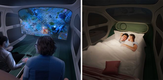 electric car with movie screen and bed inside