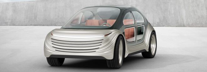 gray electric car with orange interior