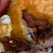 close-up of pink interior of plant-based burger