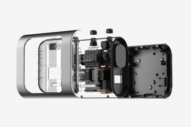 An exploded diagram of an EV charging box against a white background.
