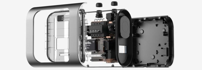 An exploded diagram of an EV charging box against a white background.