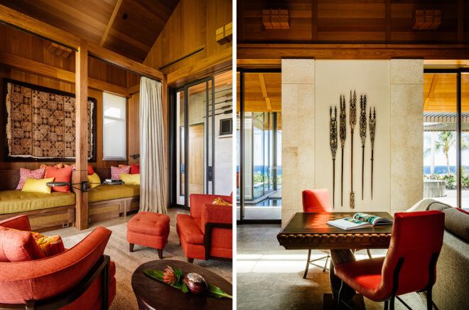 living area with red chairs