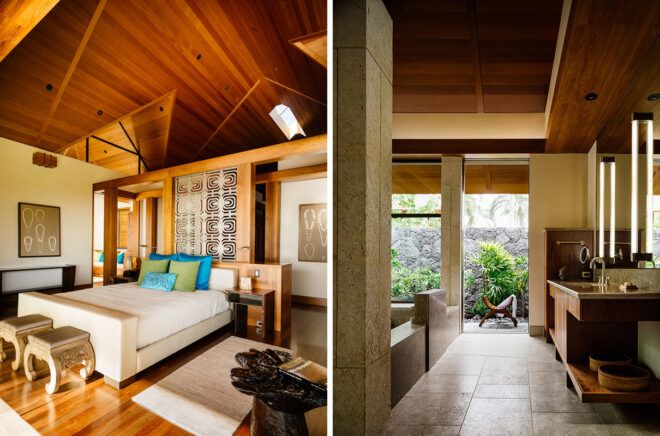 On the left, large white bed in white and wood room. On the right, bathroom with concrete floors
