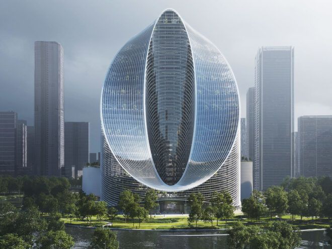 rendering of glass building shaped like the letter O