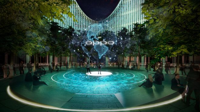 rendering of lush courtyard lit up at night