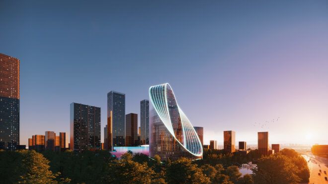 rendering of round glass tower lit up at dusk