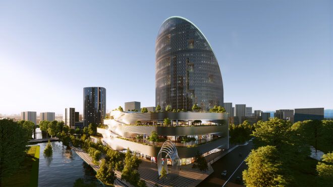 rendering of stepped patios attached to glass O-shaped tower