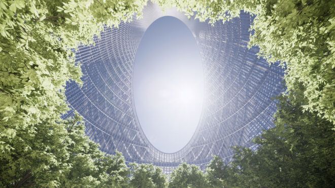 rendering from a courtyard looking up toward the sky