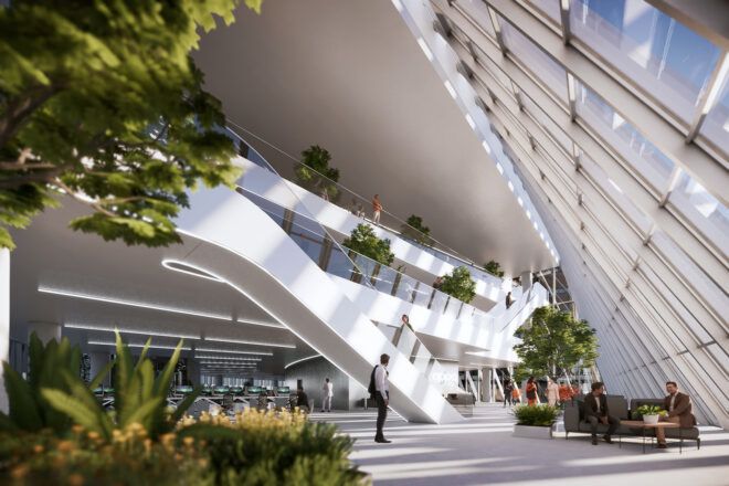 rendering of double-height lobby with white staircase