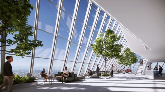 rendering of people on couches next to a glass wall