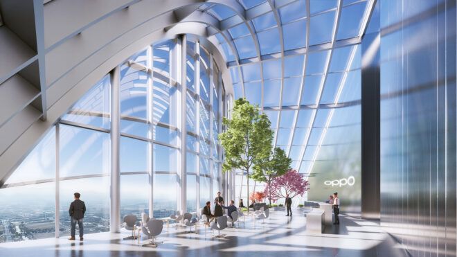 rendering of people walking near indoor trees in room with glass walls