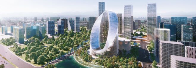 rendering of glass building shaped like the letter O