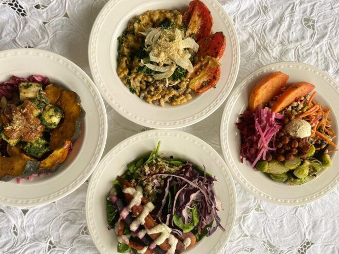 white plates of vegan food