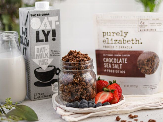 Oatly oat milk near Purely Elizabeth granola