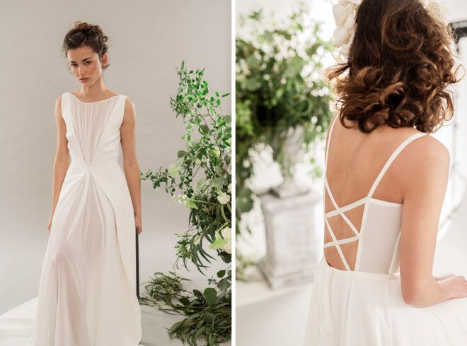 person wearing white wedding dress with ribbon back