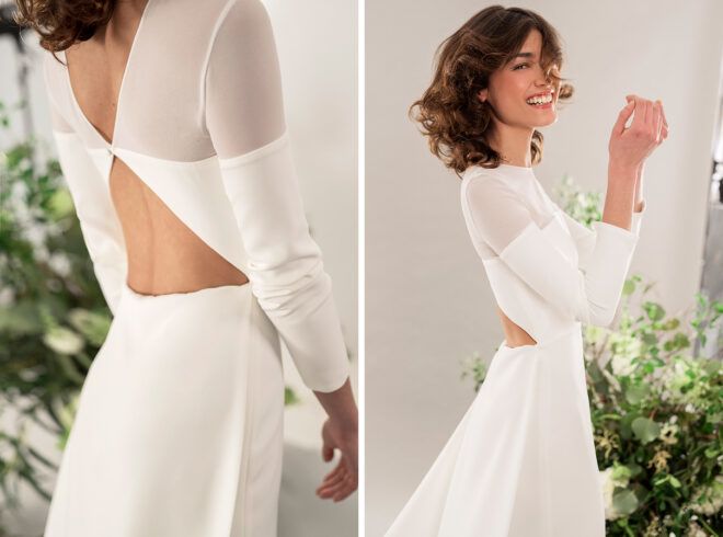 person wearing long-sleeve white dress with open back