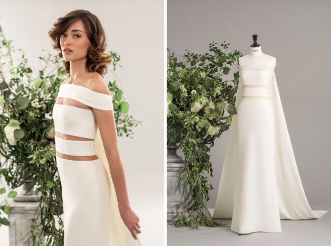 person wearing white wedding dress with cutouts and white dress on a mannequin