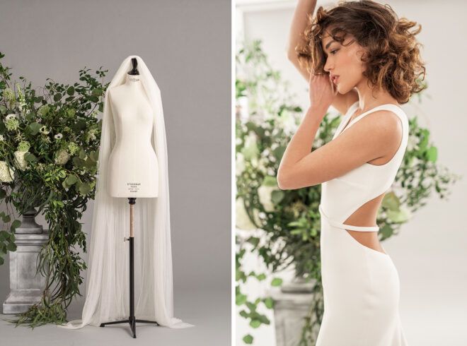 veil on a mannequin and person wearing wedding dress with open back