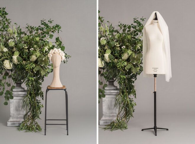 mannequin with white flower crown and a short veil