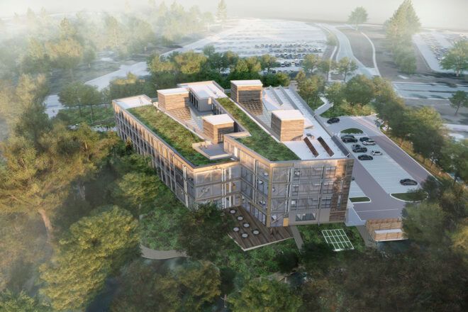 rendering of mass timber building with green roof