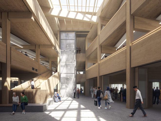mass timber building interior with skylight