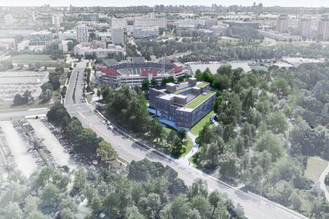 aerial rendering of rectangular timber building with green roof
