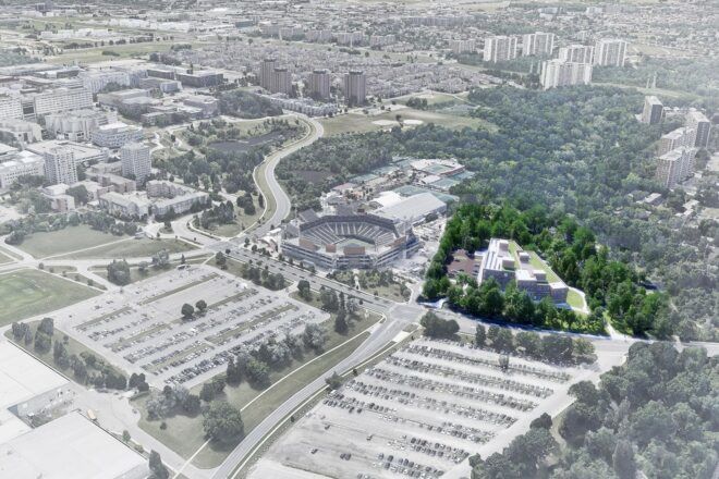 aerial rendering of mass timber building with green roof