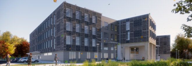 rendering of mass timber building with dark timber exterior