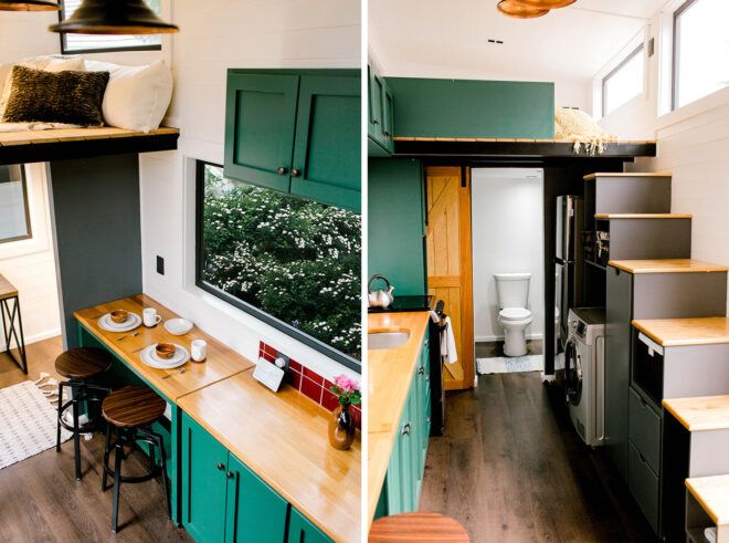 tiny home interior with green kitchen cabinets