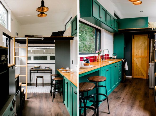 loft above bathroom near dark green kitchen in a tiny home