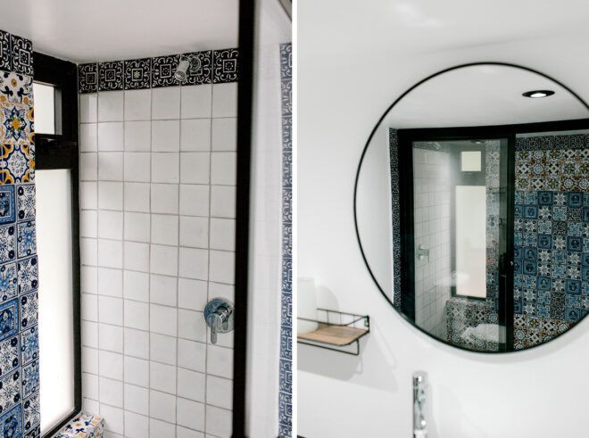 bathroom with hand-painted shower tiles